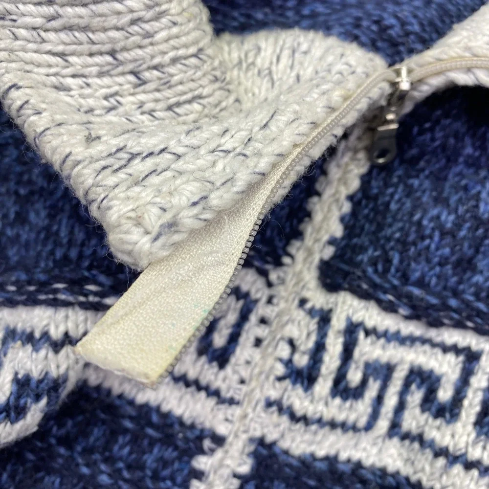Vintage‎ Portugal Wool Blend Full Zip Greek Key Cardigan Sweater Blue White